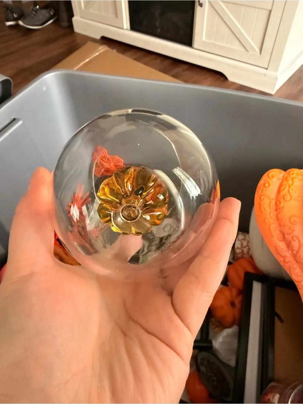 Glass Stemless Wine Glass with Blown Glass Pumpkin Accent - Orange